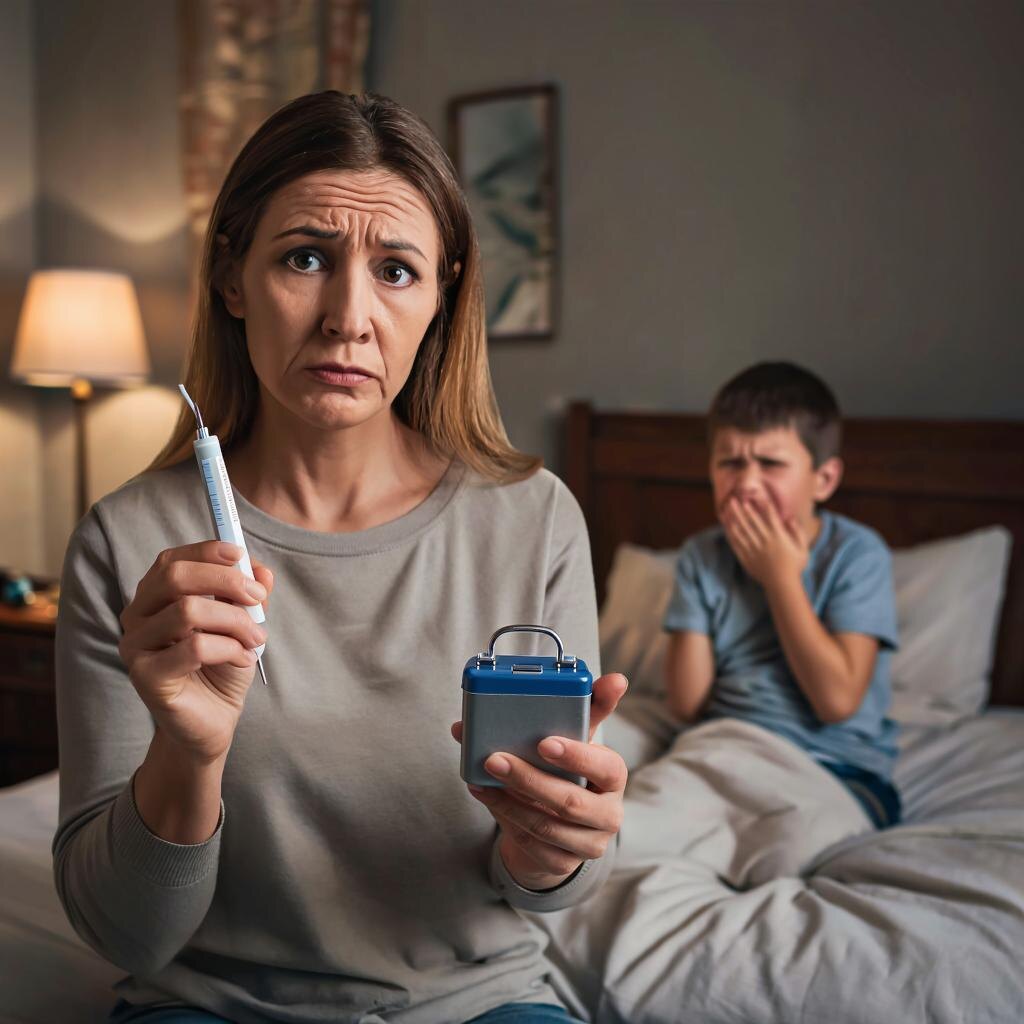 Яркое изображение: уставшая мама с термометром в одной руке и лекарствами в другой, на заднем плане — кашельный ребенок