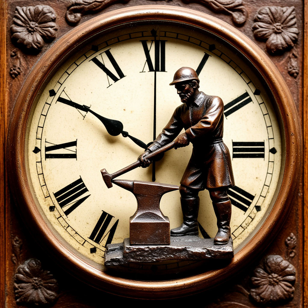 На старых стенных часах железный кузнец ростом с игрушечного солдатика поднял молот. Часы щелкнули, и кузнец ударил с оттяжкой молотом по маленькой медной наковальне.
