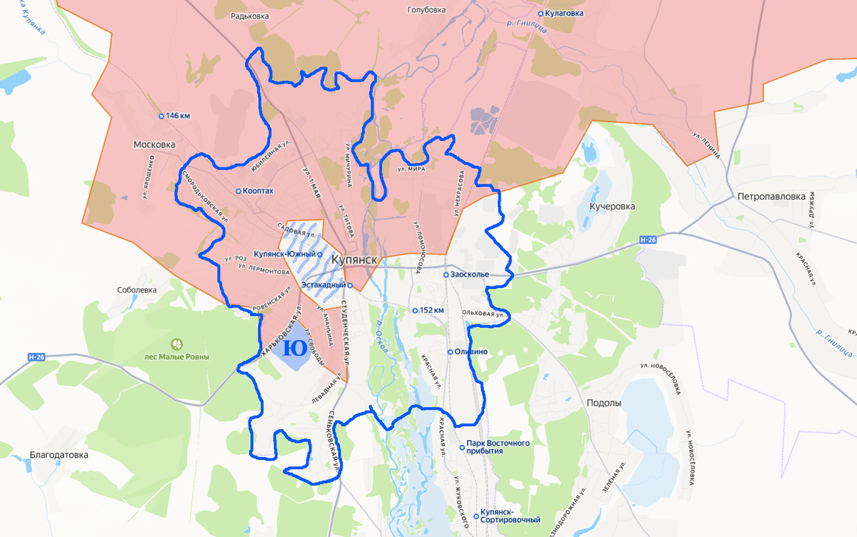Участок города, выделенный синеватым с большой буквой "Ю" поверх - территория мкр "Юбилейный", синим штрихом в центре города - "котёл" с боцами ВСУ.