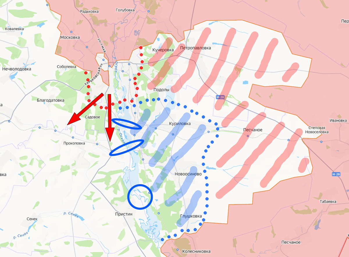 Красным пунктиром отбита неосвобождённая часть Купянска. Красными стрелками указаны вероятные направления дальнейших атак на перерезание дороги снабжения Ковшаровского плацдарма в районе села Осиновое. Синим пунктиром отбита линия, по которой противник сможет удерживать остатки Ковшаровского плацдарма после потери Купянска без риска коллапса логистики на участке и отрезания своих сил. Синим кругом - место, где враг навёл понтоны для снабжения плацдарма (регулярно разбиваются нами и заново наводятся противником). Синими овалами - дамбы, по которым враг также осуществляет логистику плацдарма (регулярно разбиваются нами и восстанавливаются противником)
