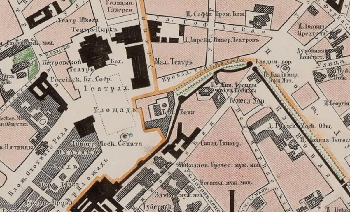На карте Москвы 1859 года на месте будущих Третьяковских ворот стена. Проезда нет. С сайта www.retromap.ru.