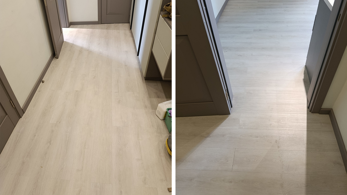 Само качество дешёвого SPC и подложки плюс укладка без порогов и тяжёлая мебель привели к тому, что вы видите на фото