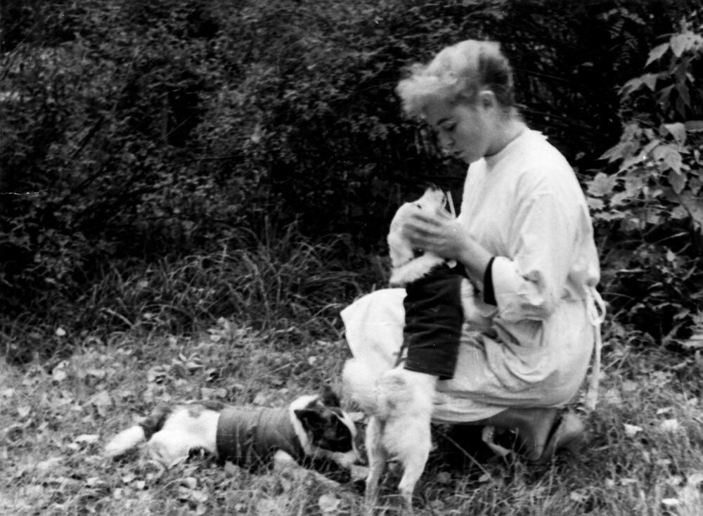 Т. Короткова во время прогулки с собаками Белкой и Стрелкой. 1960 год.