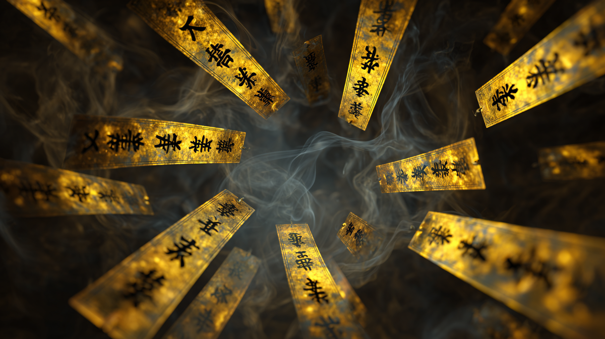 Золотые китайские иероглифы, парящие в дымке на тёмном фоне. Символика древнего языка и культуры Китая. Атмосфера загадочности и уважения к письменности, подчёркивающая тему статьи о разнице между иероглифами и пиньинь.