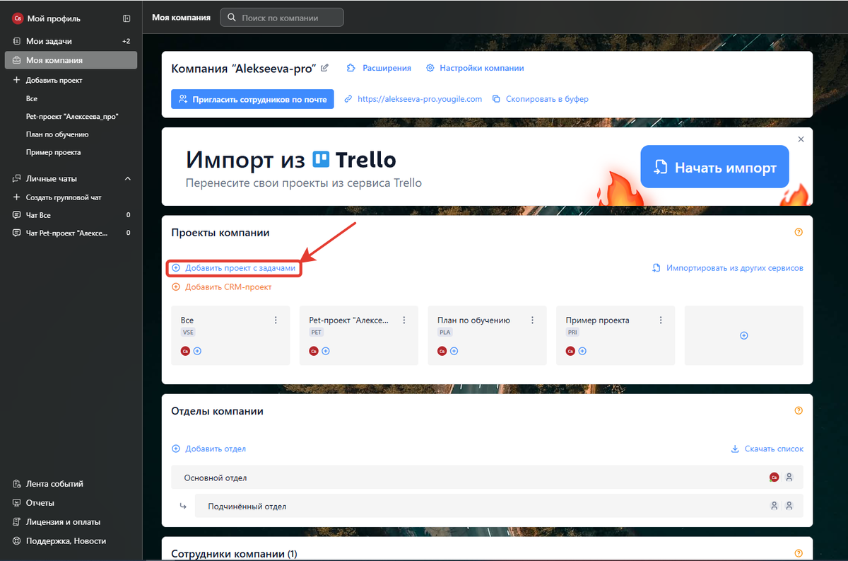 Добавление проекта с задачами