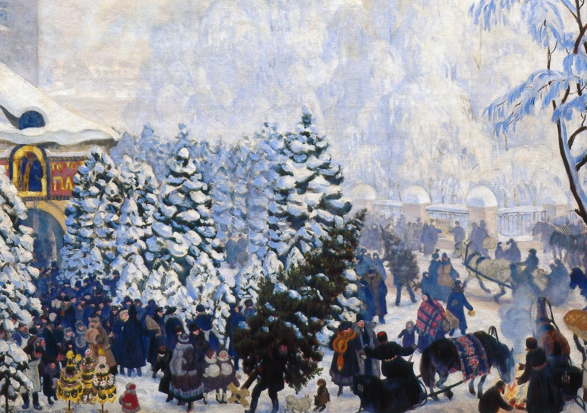 Борис Кустодиев. «Ёлочный торг» (1918). Фрагмент