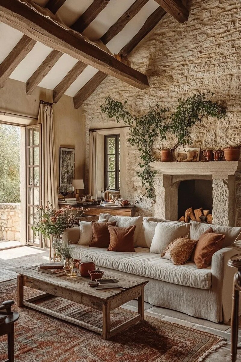 Интерьер в стиле French country — тёплый, вневременный, с естественной патиной и мягкой палитрой льна, камня и дерева. Источник Pinterest