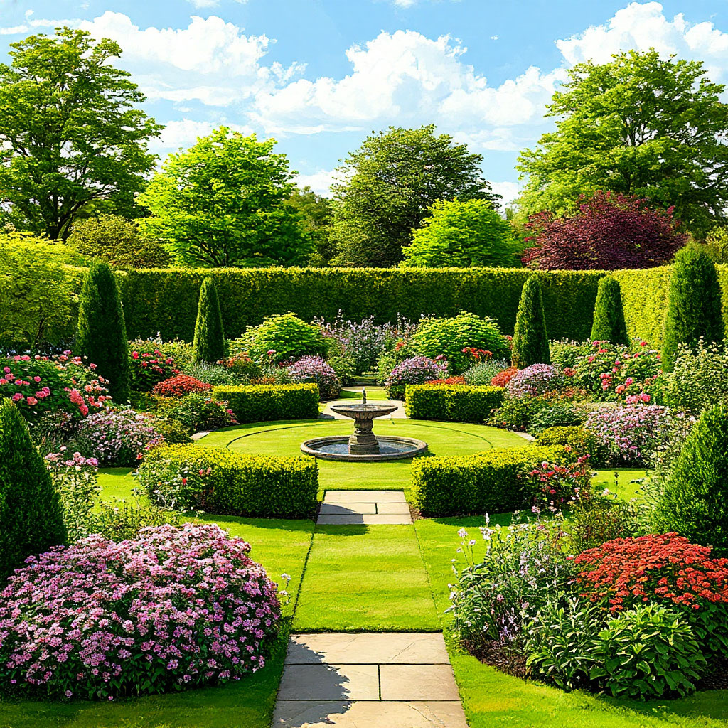 Широкий, солнечный план ухоженного сада в английском или пейзажном стиле. В кадре — микс из декоративных кустарников, хвойных и многолетников, создающий ощущение гармонии и изобилия. 🏡