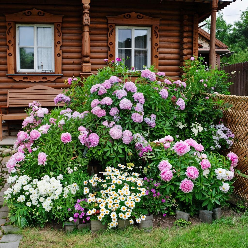 Уютный палисадник в деревенском стиле: Яркий, немного хаотичный палисадник у крыльца дома с чубушником, пионами и ромашками. Тот самый «бабушкин» стиль, полный очарования. 🌸