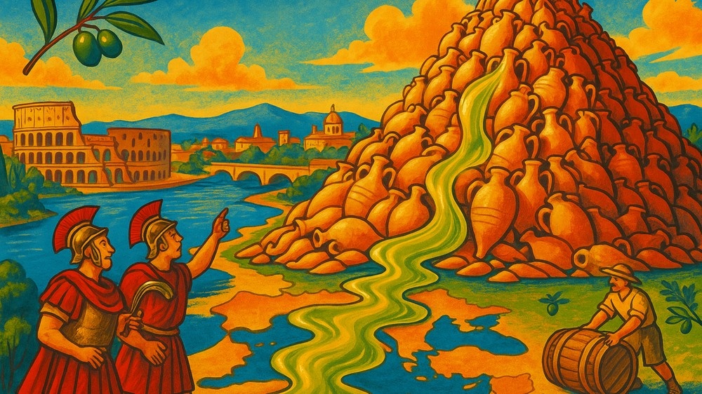 Схематичный Рим и гора Монте Тестаччо из амфор: сверху по черепкам стекает оливковое масло и разливается по карте Империи