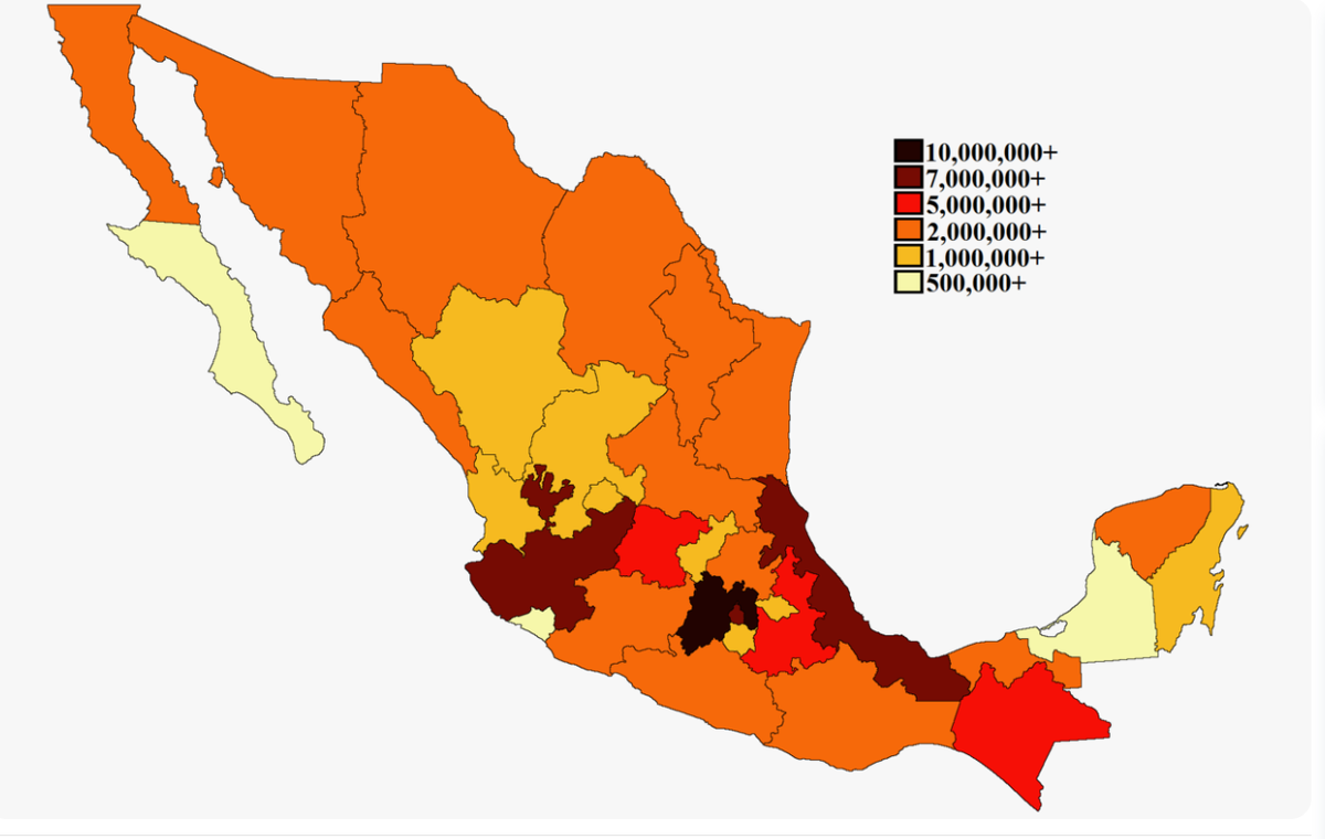 Карта населения Мексики по административно-территориальным единицам 