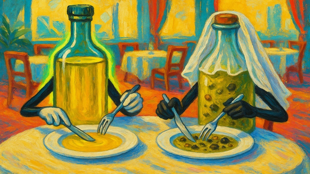 Иллюстрация: фильтрованное и нефильтрованное (veiled) оливковое масло за ресторанным столом