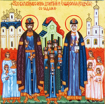 Святой благоверный князь Дмитрий Донской и княгиня Евдокия со чадами. Фрагмент притвора придела Симеона Богоприимца и Анны Пророчицы в Храме Благовещения Пресвятой Богородицы в Москве