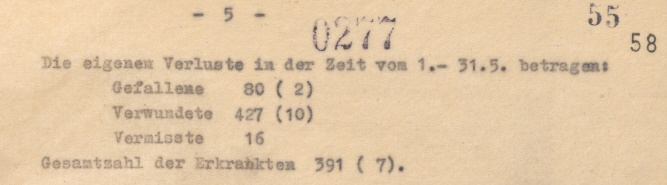 В отчёте описаны произошедшие в этот период события, а также указаны потери дивизии за май. Убитых: 80 (2), раненых 427 (10), пропавших без вести 16. Общее число больных: 391 (7). В скобках - из них офицеров.