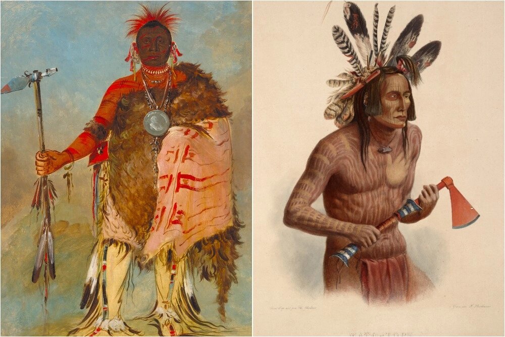    Вождь манданов Мато-Топ с миссурийским военным топором кисти Карла Бодмера; Вождь омаха Большой Лось с эспонтонным томагавком-трубкой, автор Джордж Кэтлин. Фото: Коллаж АиФ