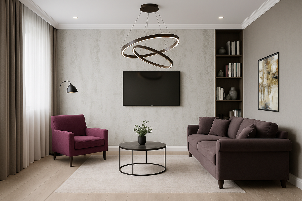 Визуализация гостиной с насыщенным шоколадным диваном и темно - малиновым креслом. 