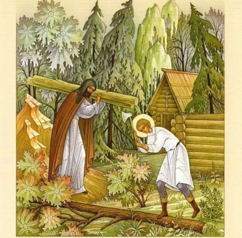 Братья строят церковь: слева – Стефан, с бревном на плече, справа – Варфоломей, с топором.