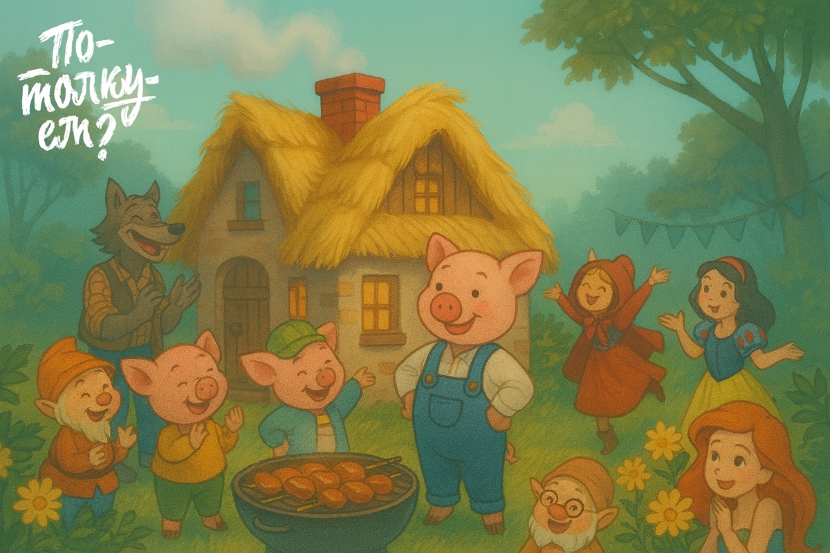 Наф-Наф у своего дома, вокруг герои сказок радуются и аплодируют