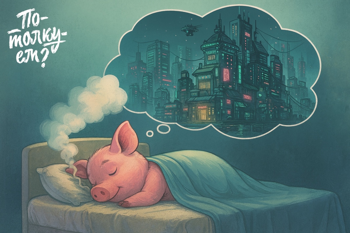 Наф-Наф лежит на кровати и мечтает о неоновом киберпанк-доме