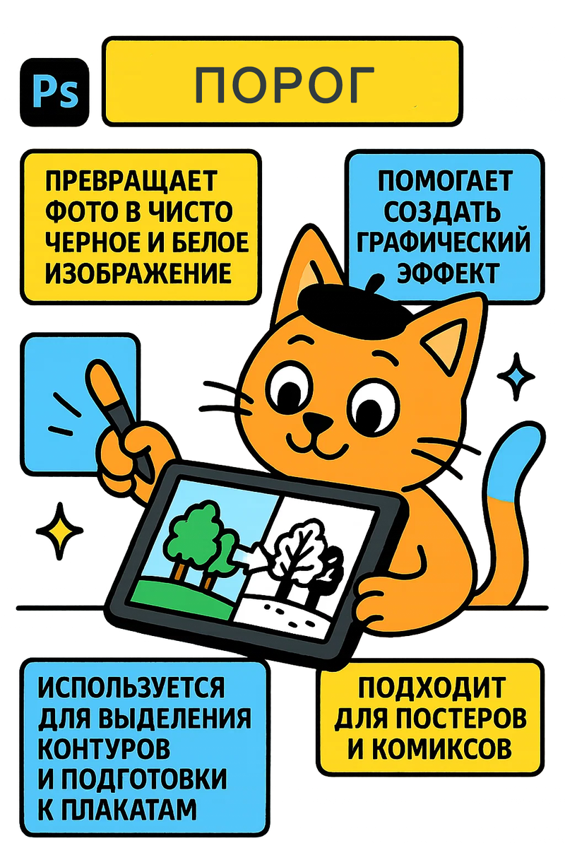 Инфографика к уроку “Порог и Выборочная коррекция цвета ”, созданная автором Арт-мастерской ИИ при помощи нейросетей.