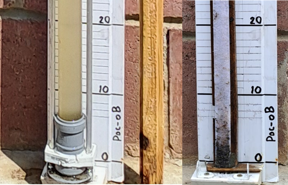 Фото 2.  Сравнение результата измерения пробоотборником, рейкой и «липучкой.