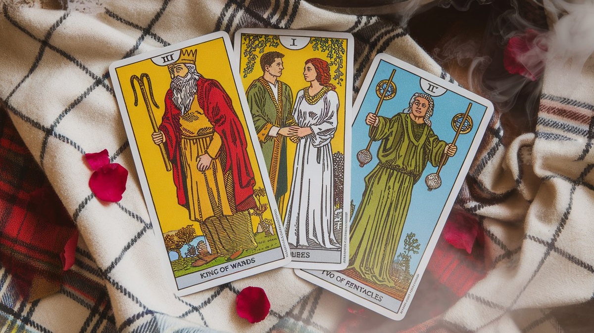 Король Жезлов Влюбленные и 2 Пентаклей 