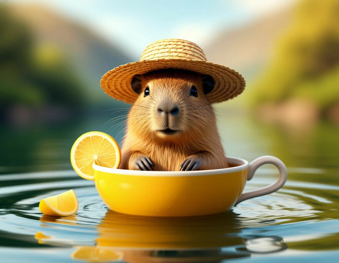 A tiny cute capybara wearing a tiny straw hat and floating in a cup of tea with a lemon slice as a raft, digital art, whimsical, funny, adorable, soft lighting --ar 16:9