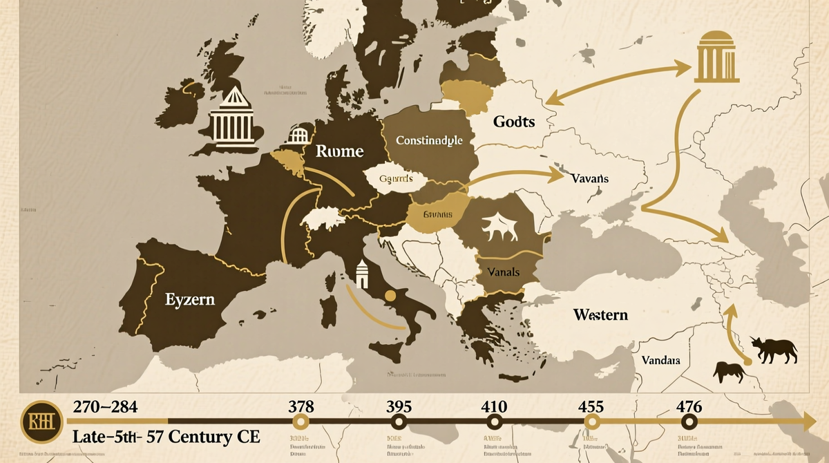  Карта Европы и Средиземноморья конца IV–V веков с выделенными регионами: Восточная и Западная Римские империи, миграционные потоки готов/вандалов/гуннов