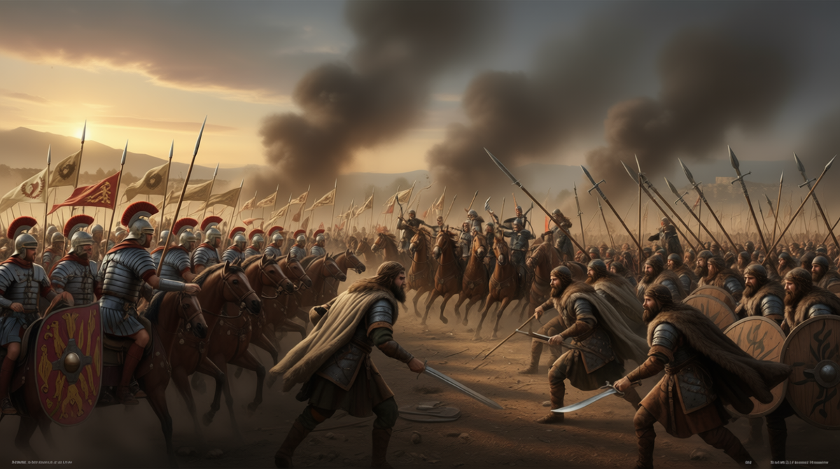 Сцена битвы при Адрианополе: паника, кавалерия, дым.