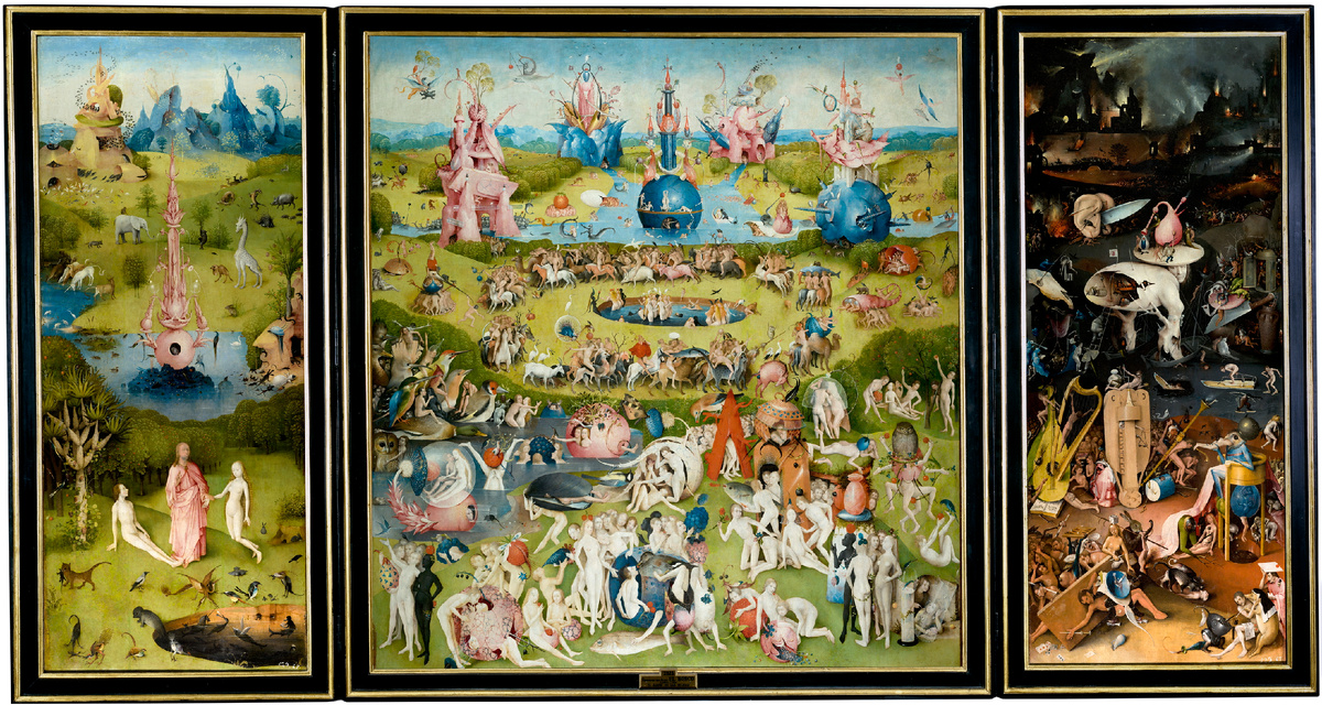 Иероним Босх
Сад земных наслаждений. 1500—1510
англ. The Garden of Earthly Delights[1]
Дерево, масло. 389,005 × 220 см
Музей Прадо, Мадрид