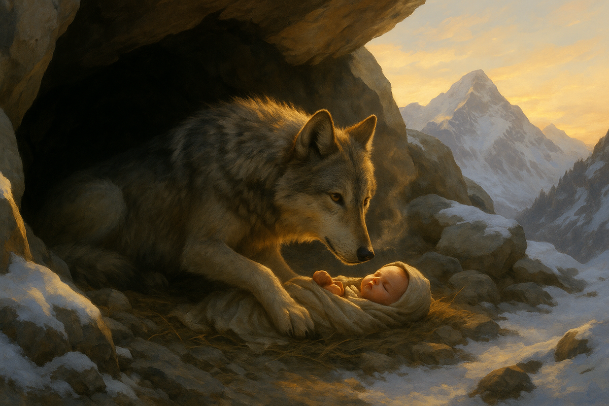 Согласно преданию, в эпоху великой беды, когда люди прятались в горах от голода и мороза, маленького ребёнка спасла волчица. Она вскормила его своим молоком и укрыла в логове от холода. Позже этот мальчик стал предком целого народа.