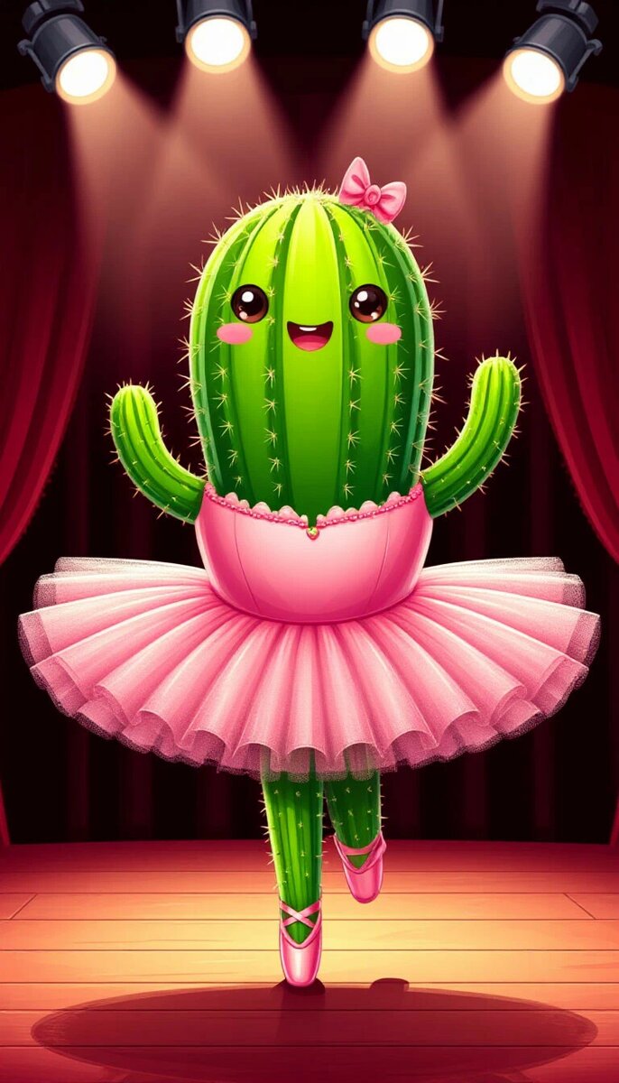A cute cactus in a pink tutu ballet dress gracefully dancing on a theater stage, spotlights, cartoon style, funny and adorable --ar 16:9