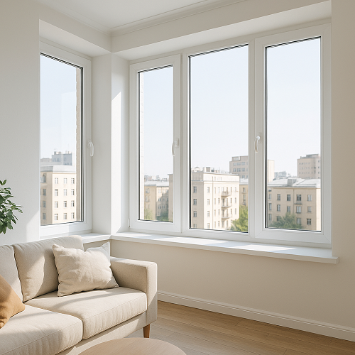 Современные пластиковые окна в интерьере квартиры — светлая комната с большими белыми оконными рамами, вид на городские здания, мягкий дневной свет, чистые линии, минимализм.