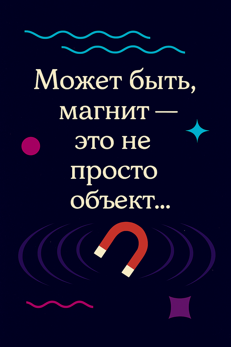 🧲 Может быть, магнит — это не просто объект… Визуал выполнен в эстетике «Маленьких теорий»: тёмный фон, волны, геометрические формы и чистая типографика. Цитата — в центре, как точка притяжения. Каждый элемент — смысловой: волны — как магнитное поле, круг — как избирательность, звезда — как связь, иконка магнита — как символ невидимой силы. Это не просто картинка. Это визуальный жест, в котором физика становится метафорой.