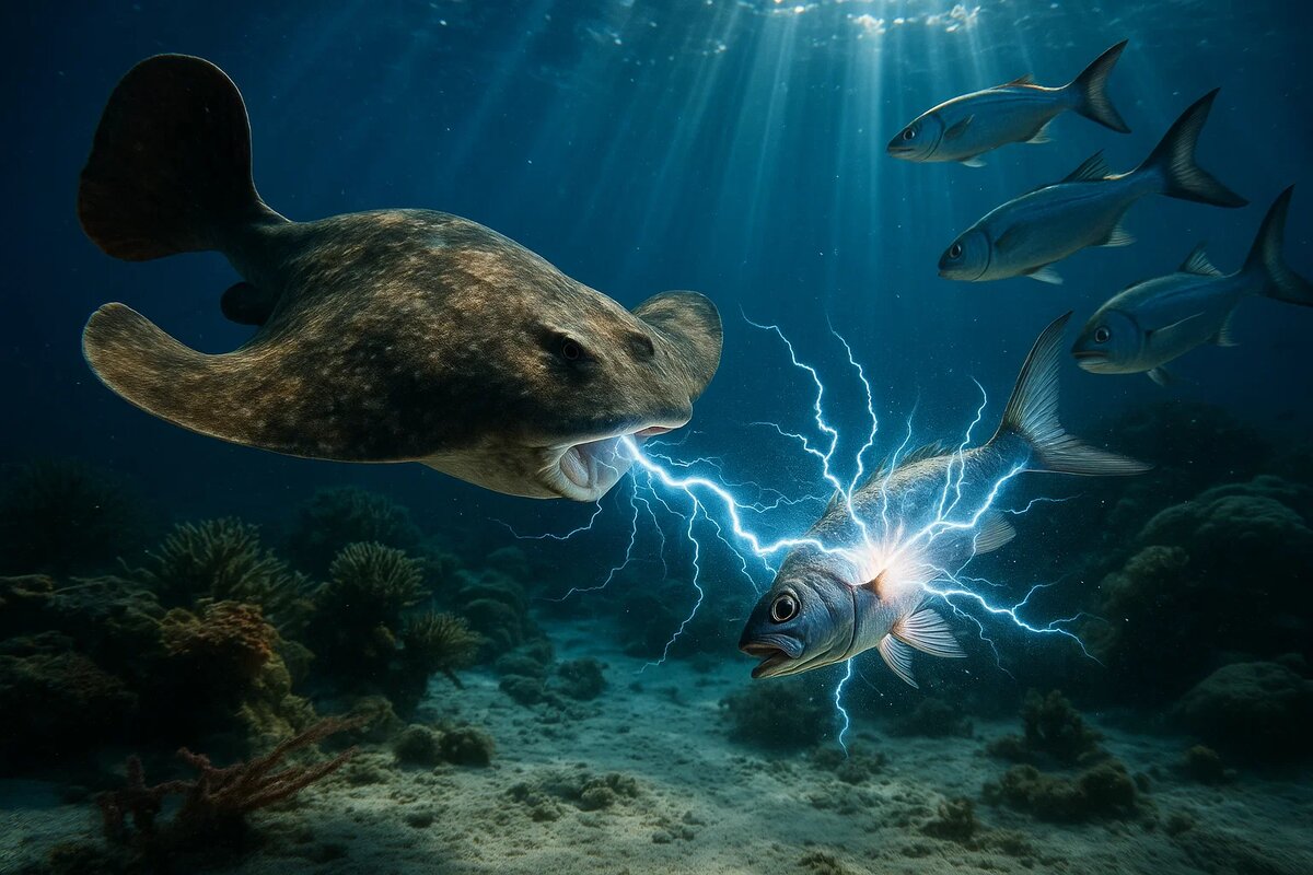 Мгновение до победы. Электрический скат в стремительной атаке испускает сокрушительный разряд в 220 вольт. Ослепительные голубые молнии пронзают воду, парализуя жертву. Хаос из пузырей и паническое бегство стайки подчеркивают необузданную мощь живого электрошокера. 
