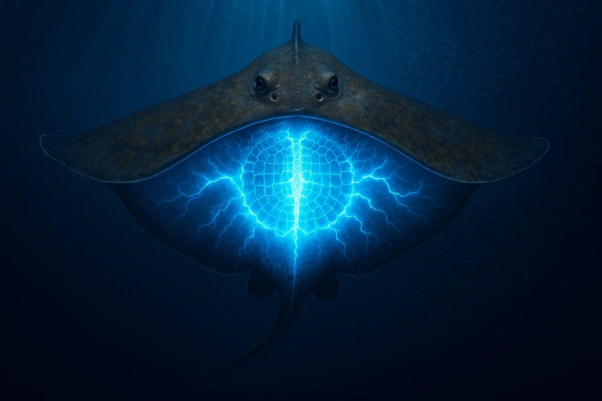 Величественный скат демонстрирует свою скрытую мощь. Его тело излучает пульсирующее голубое сияние, подсвечивая изнутри сложную структуру электрических органов. Это не просто рыба, а идеальная живая батарея, чья энергетическая сердцевина работает с холодной эффективностью. 
