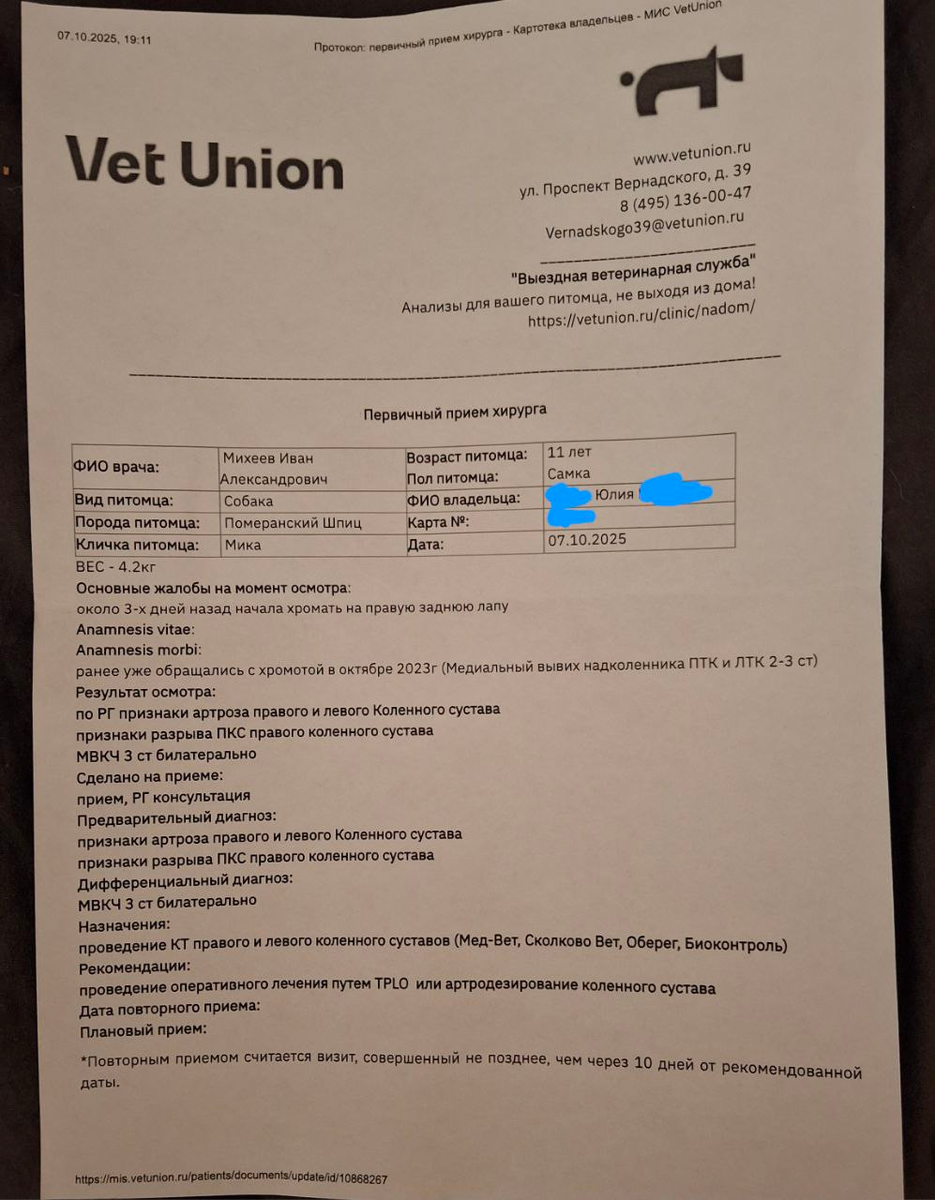 Заключение ортопеда по лечению Мики