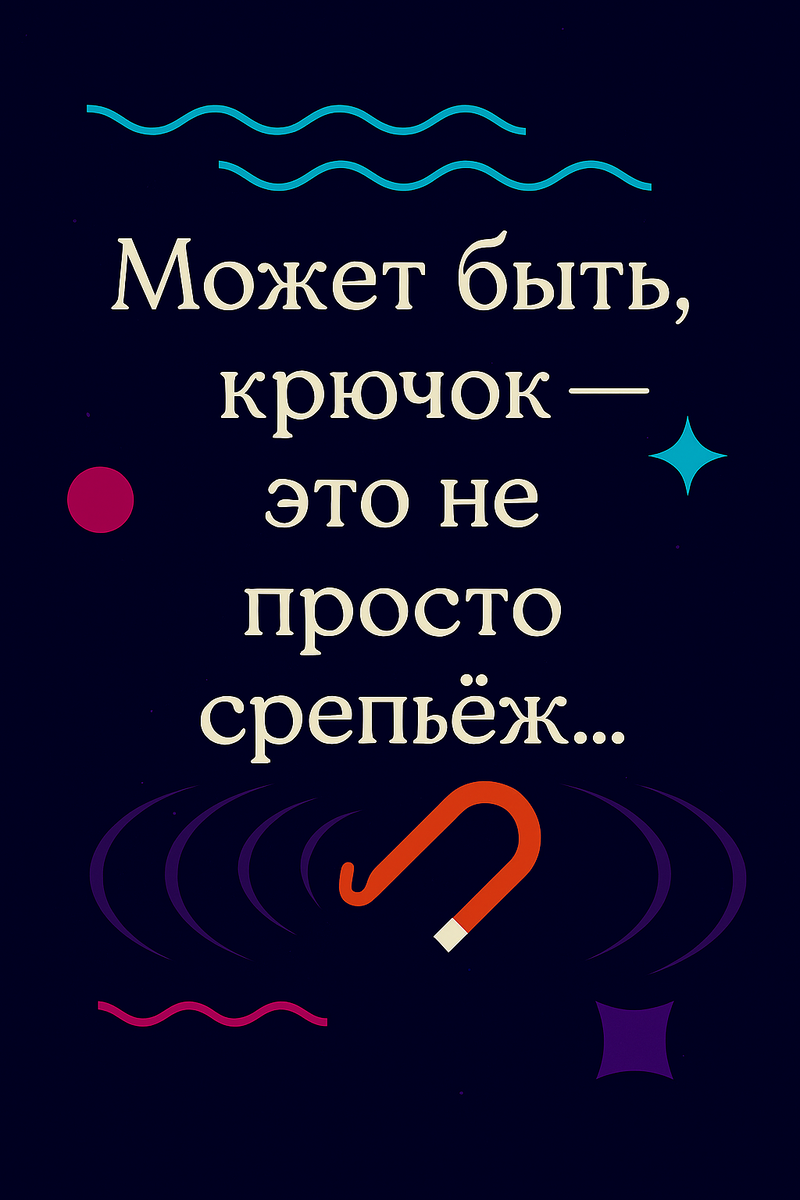 🪝 Может быть, крючок — это не просто крепёж… Визуал выполнен в эстетике «Маленьких теорий»: тёмный фон, волны, геометрические формы и чистая типографика. Цитата — в центре, как точка удержания. Каждый элемент — смысловой: волны — как форма притяжения, круг — как пауза, звезда — как выбор, иконка крючка — как символ опоры. Это не просто картинка. Это визуальный жест, в котором простое становится значимым.