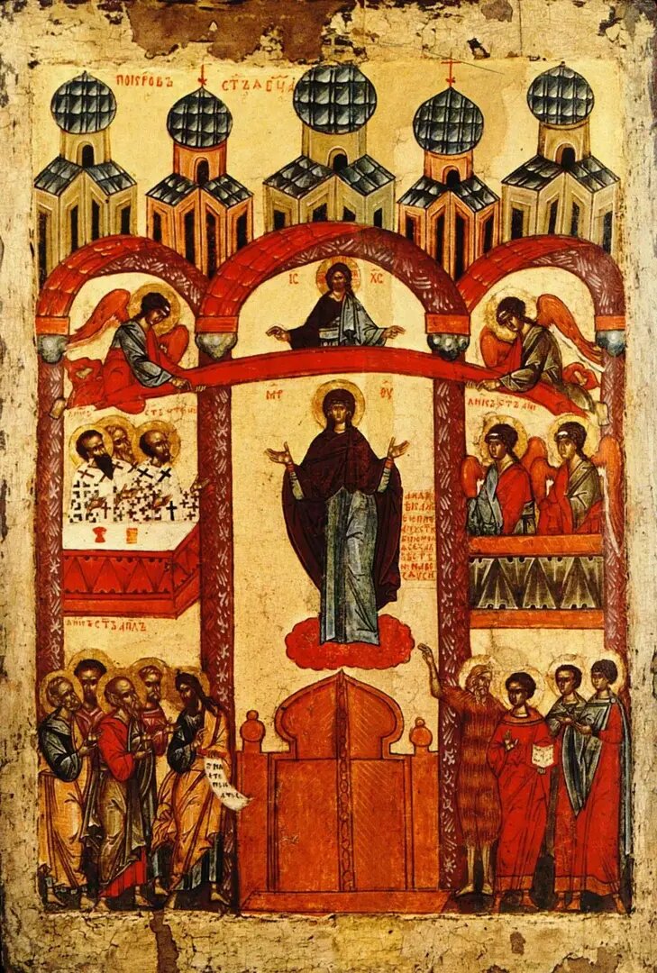 Фото: икона «Покров Пресвятой Богородицы» (Новгород, 1401—1425 годы. Государственная Третьяковская галерея)