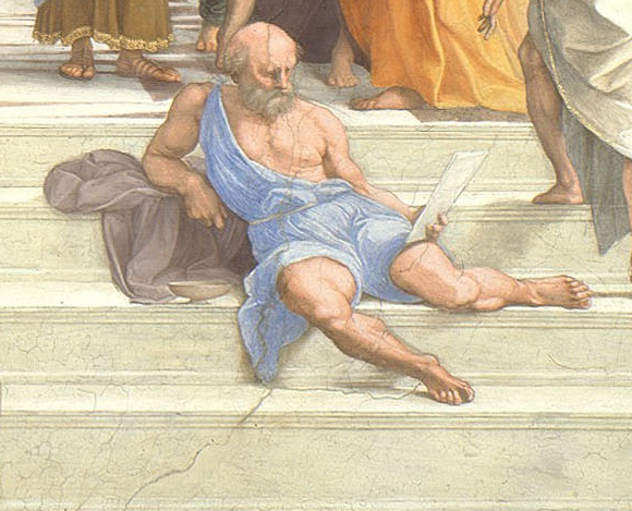 Диоген на фреске Рафаэля Санти (1483-1520). Обратите внимание - он сидит так, как ему удобно, не обращая внимания на тех, кто проходит мимо.