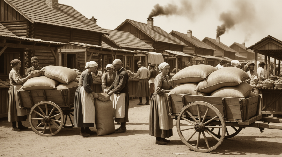 НЭП: рынок где крестьяне продают зерно на базаре , 1920-е