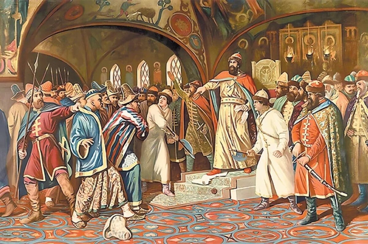    «Иван III разрывает ханскую грамоту и басму перед татарскими послами». Картина Алексея Кившенко, 1880 год.