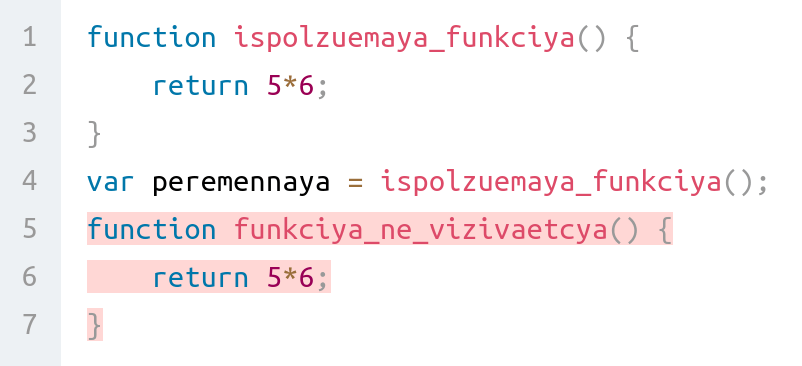 Пример кода, где вызываются и не вызываются функции. Неиспользуемый код подсвечивается красным.