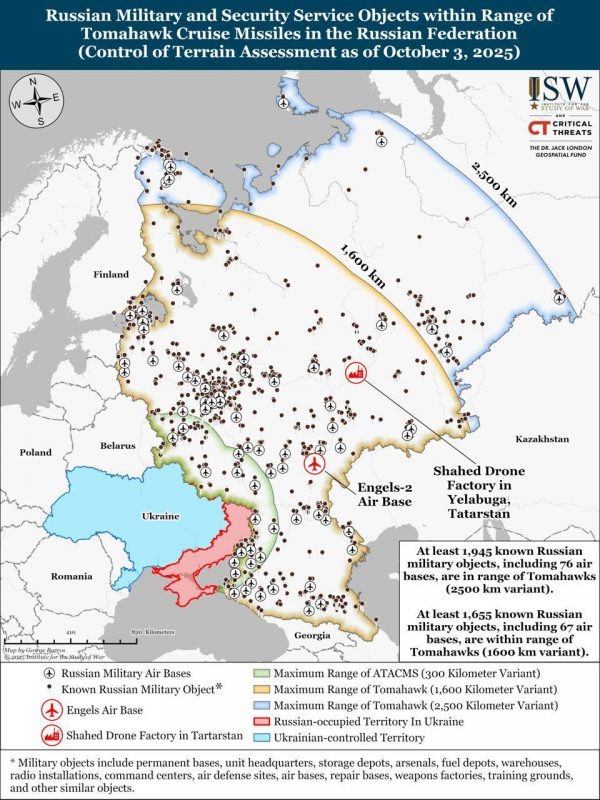   Американский Институт изучения войны (ISW) опубликовал анализ, согласно которому почти 2000 военных объектов на территории России теоретически могут попасть в зону поражения американских крылатых ракет Tomahawk