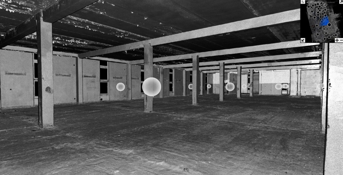 Визуализация внутренних помещений: на скане чётко видна структура колонн и перекрытий. Такие данные позволяют проектировщикам работать без дополнительных выездов.