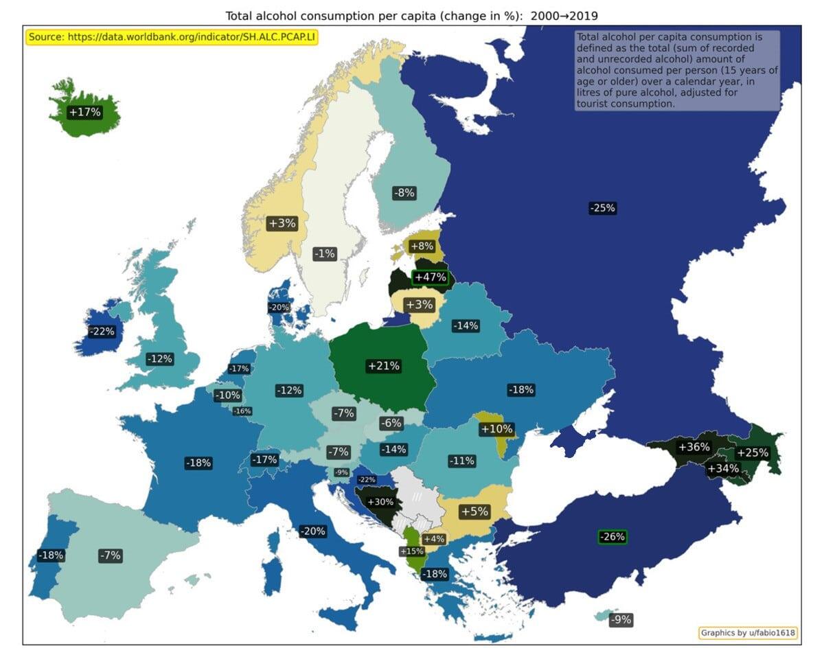    Изменение потребления алкоголя на душу населения с 2000 по 2019 год / © Worldbank, u/fabio1618