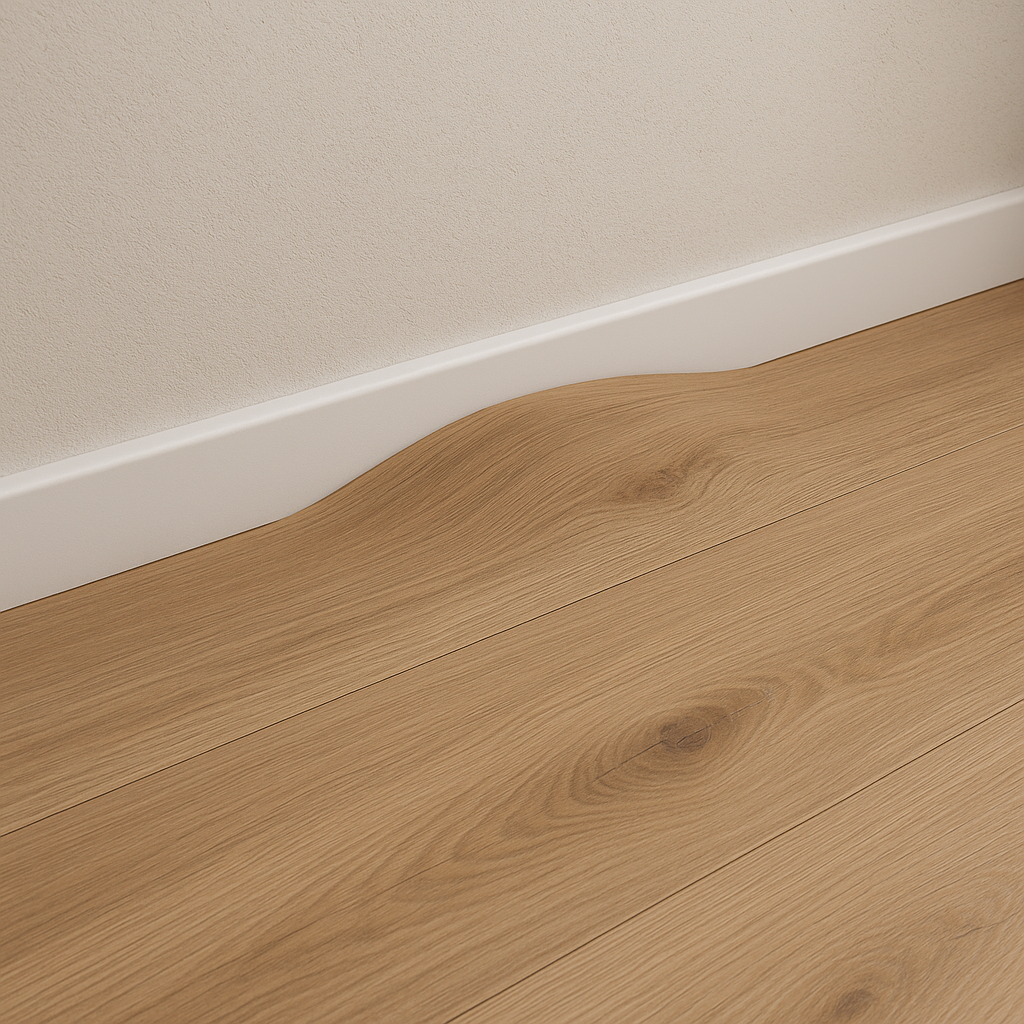 Нет зазора = вздутие и волны👆 Ламинат — «живой» материал, который дышит и гуляет при изменении температуры и влажности. При повышенной влажности древесные волокна разбухают → доска увеличивается в ширину и немного в длину.