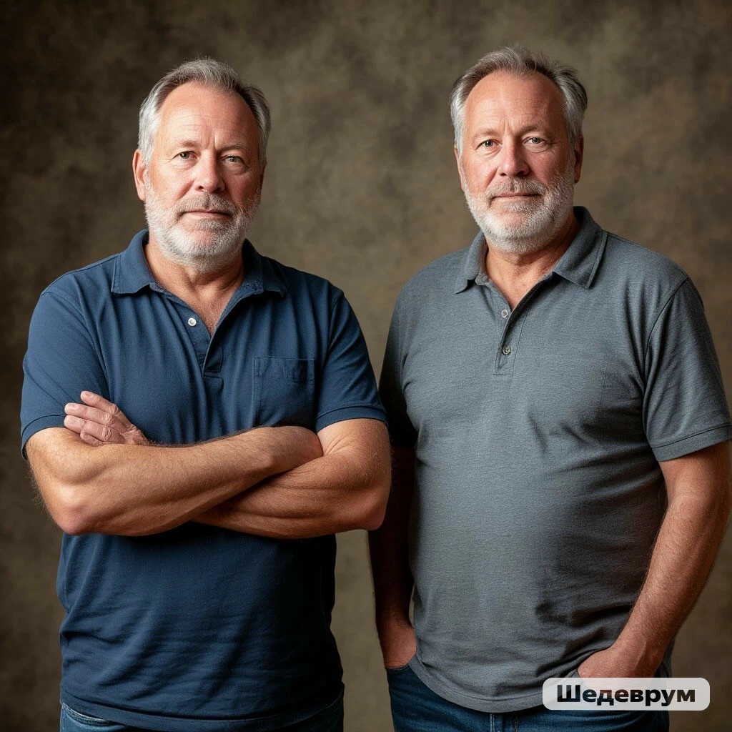 Я ниже и толще и волос больше на голове. 