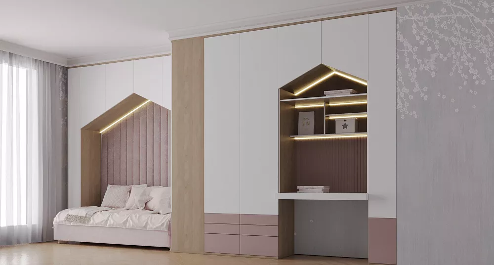 Детская «Норд» в скандинавском стиле с рабочей зоной и кроватью от фабрики Мебиус