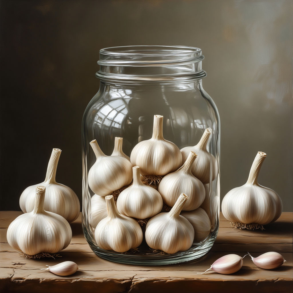 Хранение чеснока в банке, картинка создана Яндекс Алисой